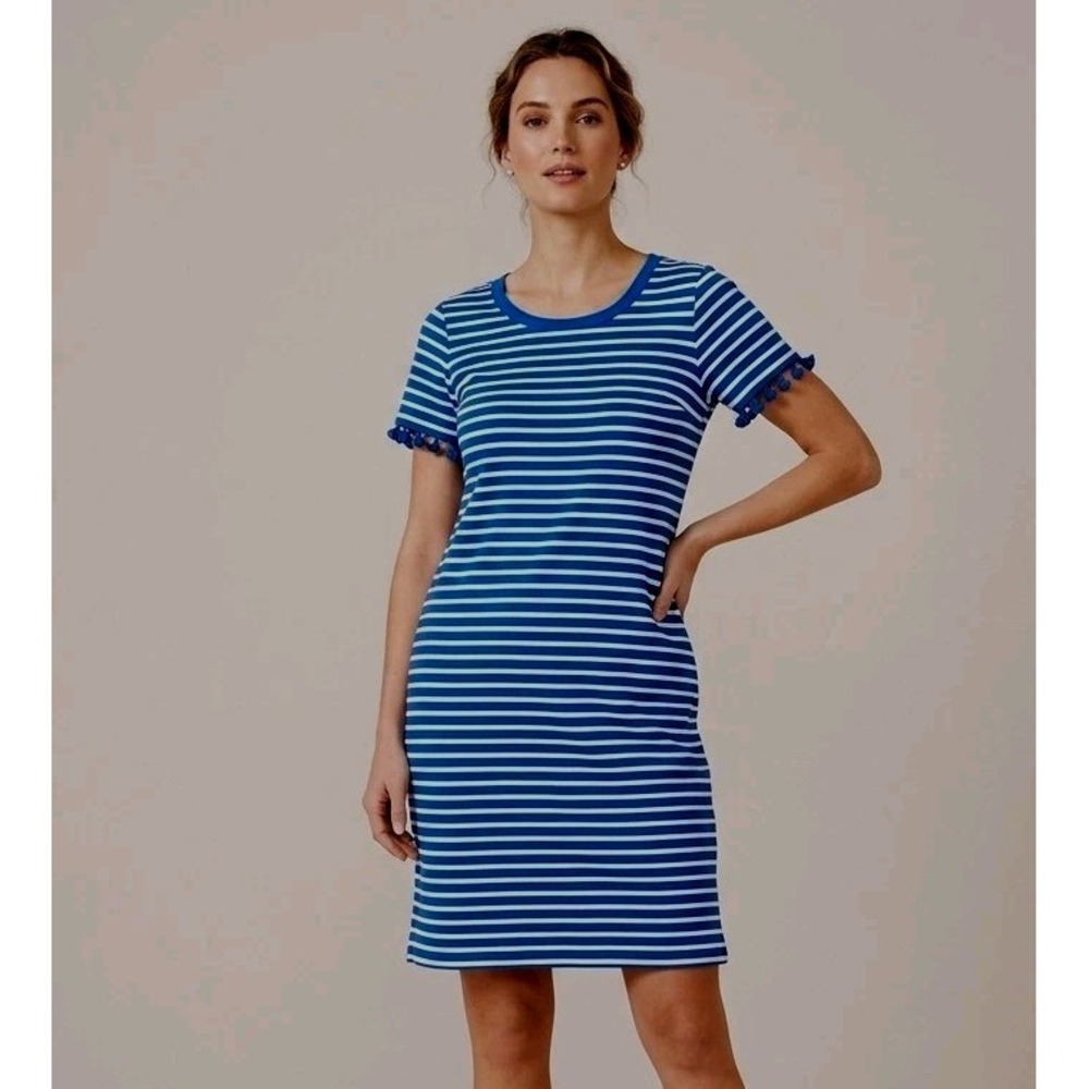 Appleseed's Blue & White Striped Tassel-Trim Shift T-Shirt Dress Sz Petite Small